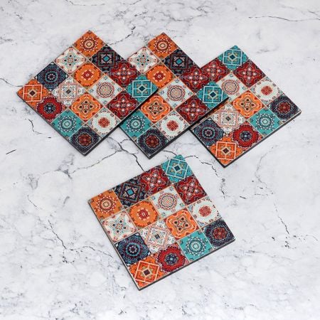 Multi-Coloured Decorative Wooden Coasters - Pack of 4